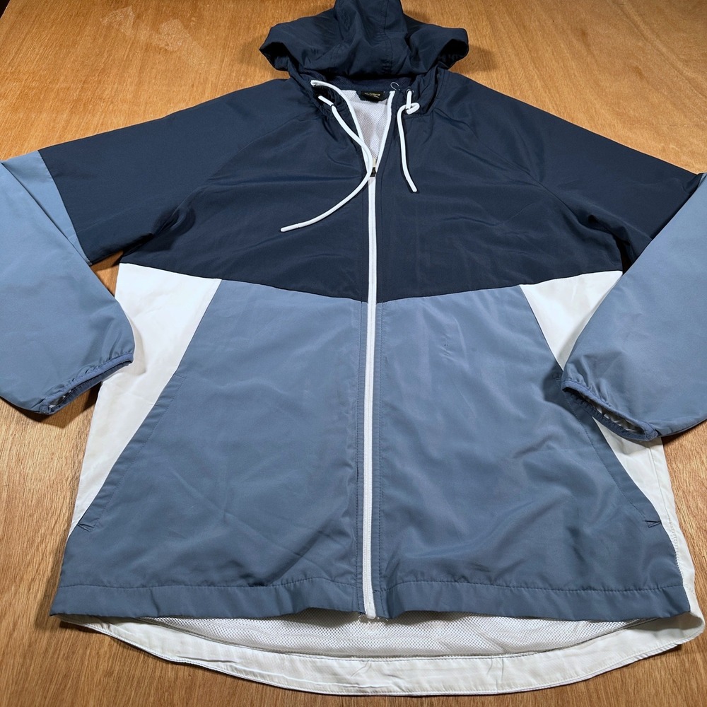 Athletic Works Men's Large Hooded Windbreaker Jacket Blue Colorblock Full Zip